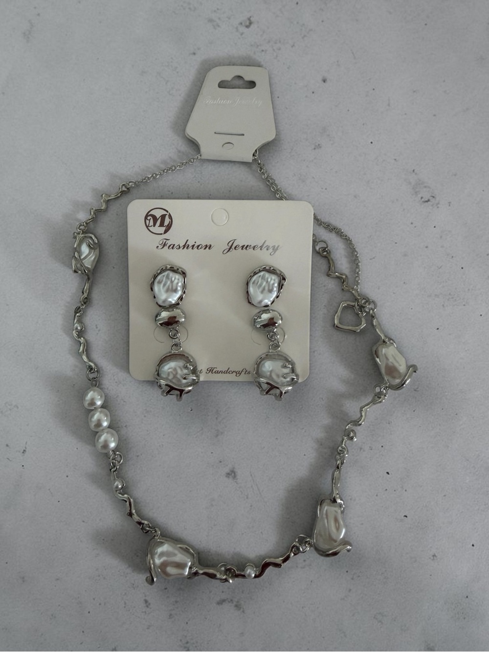 Fashion Jewelry Silver-Tone Pearl Accent Necklace and Drop Earrings